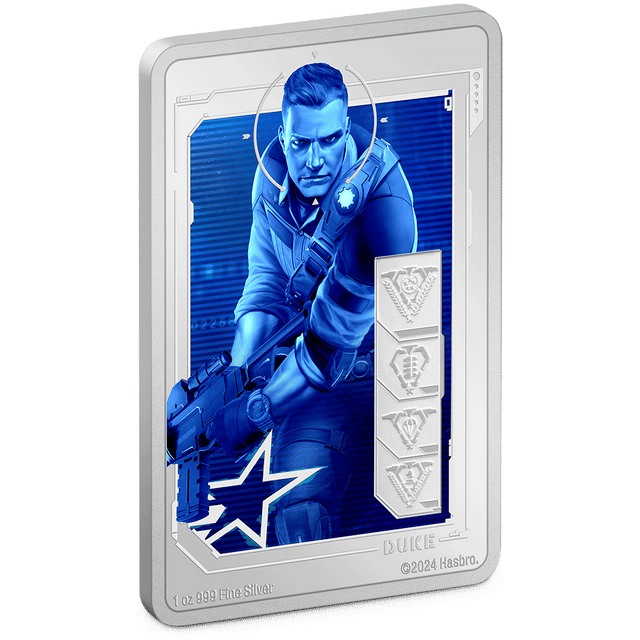 G.I. Joe fans rejoice! Rectangular coin highlights a detailed and vibrantly coloured image of Duke in action. A mirrored border frames Duke and his name is engraved below. Icons symbolising his stats are frosted for additional effect. - New Zealand Mint