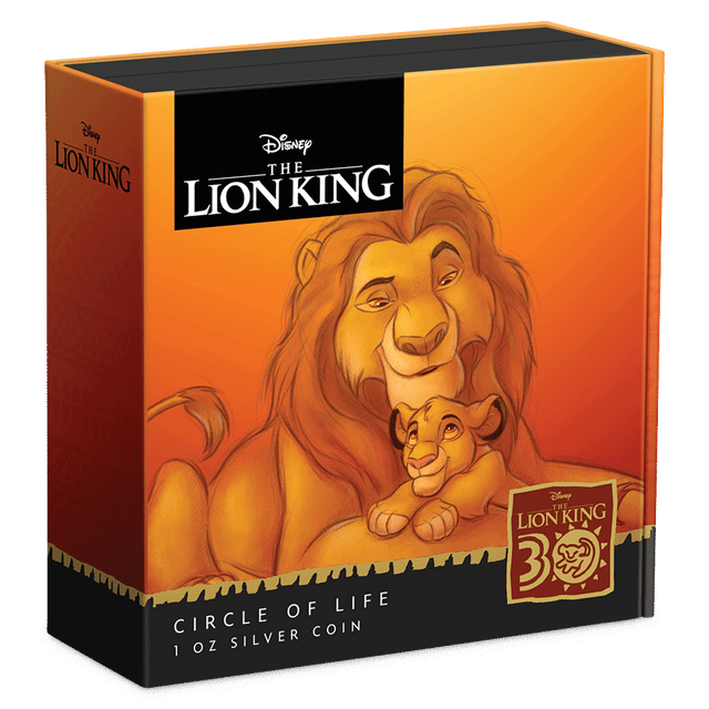 Disney The Lion King 30th Anniversary – Circle of Life 1oz Silver Coin Featuring Custom Book-style Outer With Brand Imagery. 