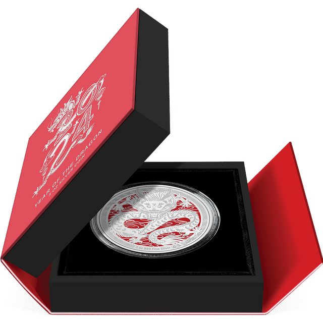 Lunar – Year of the Dragon 2024 3oz Silver Coin Featuring Book-style Packaging with Coin Insert and Certificate of Authenticity Sticker and Coin Specs.