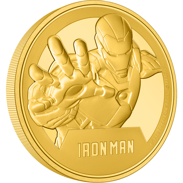 Indulge in the opulence of gold with the Iron Man 1/4oz gold coin! A mirror finish engraving of his name, ‘Iron Man’, adds a dynamic touch to the design. Some relief and texture using sandblasting adds further impact. - New Zealand Mint
