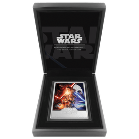 Star Wars™ The Force Awakens™ 5oz Silver Poster Coin with Custom Designed Wooden Box with Velvet Lining and Certificate of Authenticity.