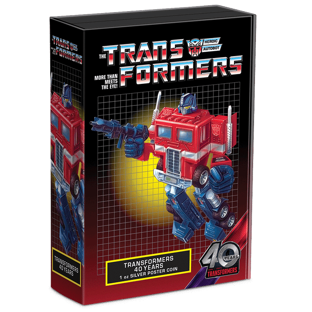 Transformers 40 Years – 1oz Silver Poster Coin Featuring Custom Book-style Display Box With Brand Imagery.