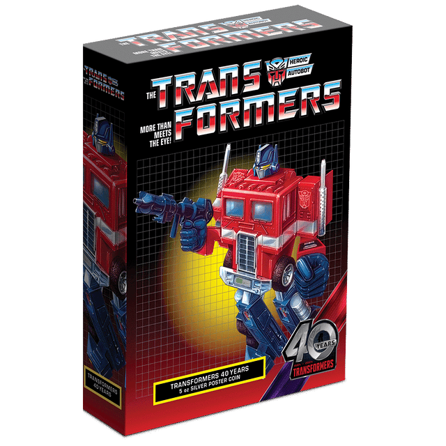 Transformers 40 Years – 5oz Silver Poster Coin Featuring Custom Book-style Display Box With Brand Imagery.
