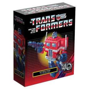 Transformers 40 Years – Optimus Prime 3oz Silver Coin featuring outer box with brand imagery. 