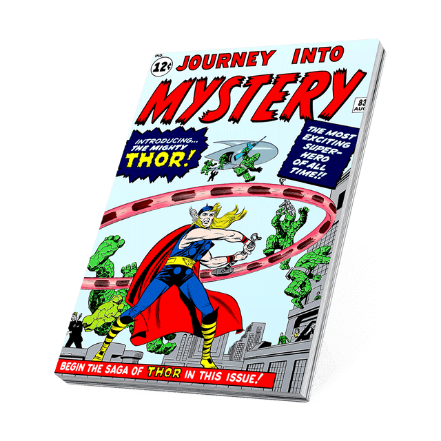 This 1oz pure silver COMIX™ Coin displays a coloured image of the cover of the 1962 comic book, Journey into Mystery #83. To mimic a comic book, it is crafted into a rectangular shape and coloured on all four sides to represent the spine and pages - New Zealand Mint. 