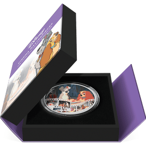 Disney Cinema Masterpieces - Lady and the Tramp 3oz Silver Coin Featuring Custom Book-style Packaging with Coin Insert.