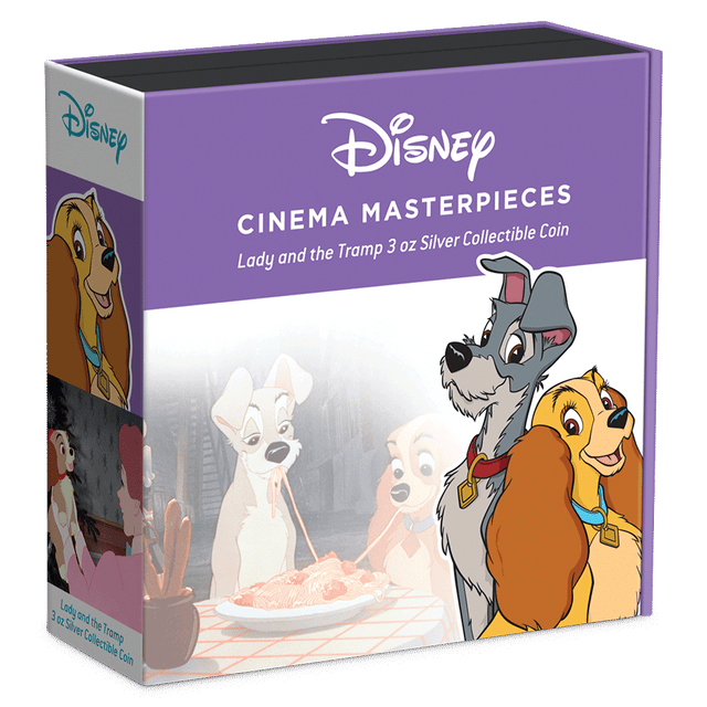 Disney Cinema Masterpieces - Lady and the Tramp 3oz Silver Coin Featuring Custom Book-style Outer With Brand Imagery.