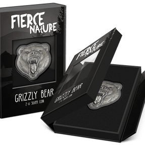 Fierce Nature - Grizzly Bear 2oz Silver Coin  Featuring Custom Book-style Packaging with Display Window and Certificate of Authenticity Sticker.