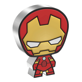 This Chibi® Coin is made of 1oz pure silver and coloured and shaped to resemble Iron Man wearing his iconic red armour and helmet. Some relief has been added, giving the design some depth.  - New Zealand Mint.