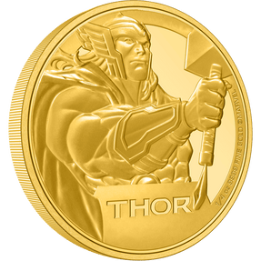 Marvel’s God of Thunder shines in 1/4oz fine gold! Fully engraved to show a close-up of the mighty Thor holding his hammer, Mjolnir, this collectible also features relief, mirror-finish and texture using sandblasting, enhance the striking design.  - NZ Mint
