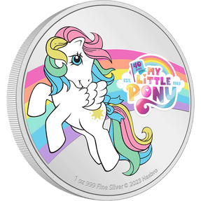 This adorable colourful design features the 1983 anniversary logo, a rainbow and Starshine – one of the most beloved retro ponies. Vibrant contrast against the mirror-finish background – the 999 fine silver shines beautifully! - NZ Mint