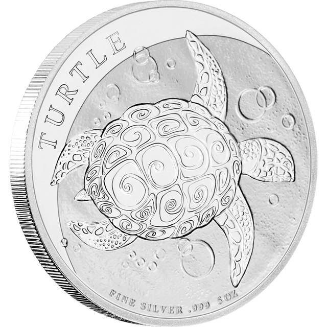 5oz Silver Bullion Coin Turtle Niue. This 5oz Silver Turtle Bullion Coin - Niue features a Hawksbill or Taku Turtle, with a stylized shell pattern swimming through the waters of the Pacific Ocean. The obverse of the coin features the Jody Clark effigy of His Majesty King Charles III.