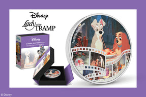 This beautiful coin is coloured to show the iconic scene where the two dogs share a romantic evening and a plate of spaghetti. Along the bottom is a silver film roll with a mirror-finish, displaying a lovely montage of stills from the movie.