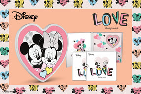 The 1oz pure silver coin is heart-shaped and features Disney’s colourful sweethearts Mickey Mouse and Minnie Mouse. Next to them are delightful love motifs which highlight their affection for one another. A pretty pink border outlines the coin.