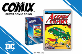 Officially licensed, this brilliant 2oz pure silver coin is shaped into a rectangular coin to mimic a comic book. It shows a coloured image of the cover of the first issue of Action Comics from June 1938.