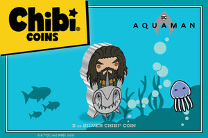 AQUAMAN™ and His Shark on MEGA 2oz Silver Chibi® Coin!