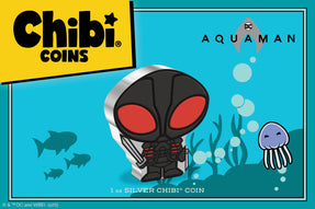 Scourge of the seven seas, BLACK MANTA™, has arrived on our latest Chibi® Coin. The coin is coloured and shaped to resemble him in his specialized diving suit, menacing black and red helmet and holding his sword, as seen in the 2018 film, Aquaman.