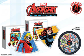 New 1oz pure silver coins featuring Captain Marvel and Black Widow — as part of our Avengers’ 60th anniversary coin series. The designs show the iconic Super Heroines in splendid colour, capturing their courage and resilience.