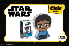 Star Wars™ man of many talents, Lando Calrission™, is featured on our latest 1oz pure silver Chibi® Coin! This coin is fully coloured and shaped to show him in his iconic get-up - blue pants and shirt, statement black belt and blue and gold cape.