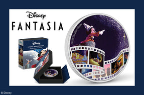 As part of our Disney Cinema Masterpieces series, this 3oz pure silver coin serves as a gateway to the spellbinding Disney classic. Fantasia. The coloured design showcases the enchanting Sorcerer’s Apprentice sequence featuring Disney’s Mickey Mouse.