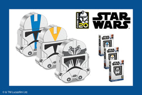 Each 1oz pure silver coin is uniquely shaped and coloured to show the intricately designed helmets of the 104th Attack Battalion, the 212th Battalion, and the 501st Legion clone troopers. Commemorate the 20th anniversary today!