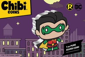 This DC Chibi® Coin features a stylised portrayal of ROBIN™ in his classic costume. Every intricate detail, from his red and green suit to his flowing yellow cape, showcases the wonderful artistry put into creating this collectible.