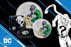 Step into the realm of puzzles and intrigue as we unveil a collectible treasure that captures the enigmatic essence of the RIDDLER™. Minted from pure silver, the design features the Prince of Puzzles in colour and striking engraving.