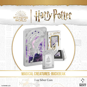 The coin's centre showcases Buckbeak in a frosted finish, lending a captivating textured appearance to the design. Contrasting the frosted image is a vibrant, purple-coloured background.