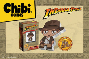 This 1oz pure silver Chibi® Coin is coloured and uniquely shaped with added relief to show Indiana Jones wearing his iconic fedora hat, leather jacket, shoulder bag and holding his bullwhip.