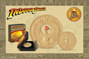 This Indiana Jones 1oz silver gilded coin features the iconic headpiece of the Staff of Ra from the classic movie, Raiders of the Lost Ark™. Meticulously crafted, the design features intricate engravings and stunning relief.