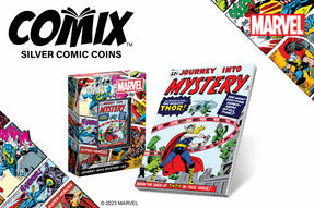 1oz and 2oz pure silver, these COMIX™ Coins are coloured to showcase the cover of the Journey into Mystery #83 comic. To resemble a comic book, both have been crafted into a rectangular shape and feature vivid colour.