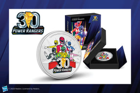 Celebrate the 30th anniversary of the Power Rangers with this super 1oz pure silver coin. The front of the coin shows them posing heroically, with each character depicted in their respective colour.