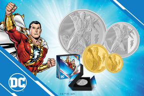 Fans and collectors alike can celebrate the magic of SHAZAM™ with four exceptional pieces of artistry: the SHAZAM pure silver and gold coins! Each coin shows a meticulously designed image of the hero using detailed engraving.