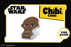 Officially licensed, this 1oz pure silver Star Wars™ Chibi® Coin is coloured and shaped to resemble Mace Windu™ wearing his brown Jedi robe and utility belt holding his Lightsaber.