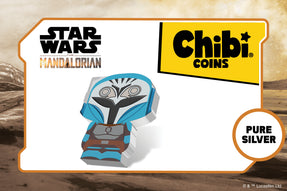 Made of 1oz pure silver, this Chibi® Coin is fully coloured and shaped to resemble the fierce and deadly warrior, Bo-Katan Kryze™. She is seen wearing her white and blue Mandalorian™ armour, which includes her Nite Owl helmet.