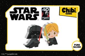 Made of 1oz pure silver, these Chibi® Coins are fully coloured and shaped to resemble the Sith Lord™, in his classic get-up, and his Jedi son in his black robes. Both are holding their Lightsabers™, depicting their pivotal duel in the film.