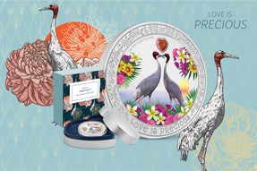 Our annual Love is Precious coin is here! This 2024 release highlights two Sarus Cranes, on 1oz of pure silver. The design features the two birds representing lovers on a body of water, surrounded by beautifully bright flowers.