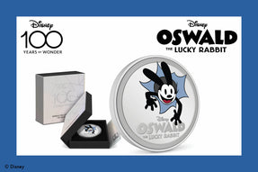 This special coin is made of 1oz pure silver, showing Disney’s Oswald the Lucky Rabbit in colour, on both sides, bursting through the coin – how adorable! His logo is below, in a frosted finish, which ties in well with the frosted border.