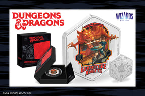 This shaped 1oz pure silver coin displays action-packed, coloured imagery inspired by the Dungeons & Dragons game. Frosted engraving and mirror-finish are featured behind, creating a striking contrast.