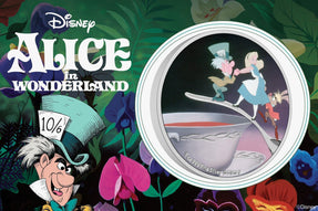 This delightful 1oz pure silver coin celebrates the tea party scene from this classic movie. It features an image of Alice, with the Mad Hatter and the March Hare, teetering on a spoon over a teacup! The design is enhanced by mirror highlights.