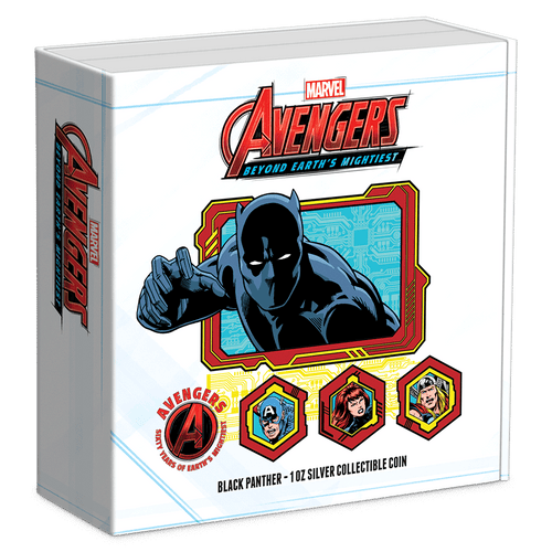 Marvel – Avengers 60th Anniversary – Black Panther 1oz Silver Coin Featuring Custom Book-Style Packaging and Coin Specifications.  
