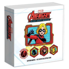 Marvel – Avengers 60th Anniversary – Captain Marvel 1oz Silver Coin Featuring Custom Book-Style Packaging with Printed Coin Specifications. 