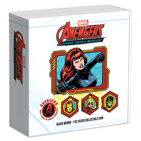 Marvel – Avengers 60th Anniversary – Black Widow 1oz Silver Coin Featuring Custom Book-Style Packaging with Printed Coin Specifications.