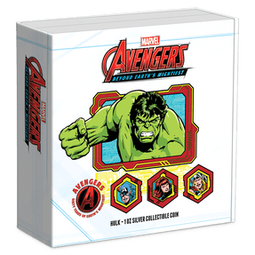 Marvel – Avengers 60th Anniversary – Hulk 1oz Silver Coin Featuring Custom Book-Style Packaging with Printed Coin Specifications.  