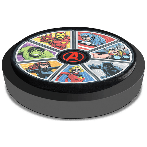 Be a part of Marvel history with this Captain America 1oz pure silver coin! Features a colourful image of Captain America in action. It is shaped like a wedge and when collected with other coins in the series, it creates a circular multi-coin set. - New Zealand Mint