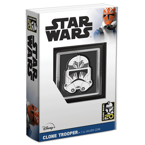 Star Wars™ Clone Wars 20th Anniversary – 104th Battalion 1oz Silver Coin Featuring Custom Book-Style Packaging and Coin Specifications.  