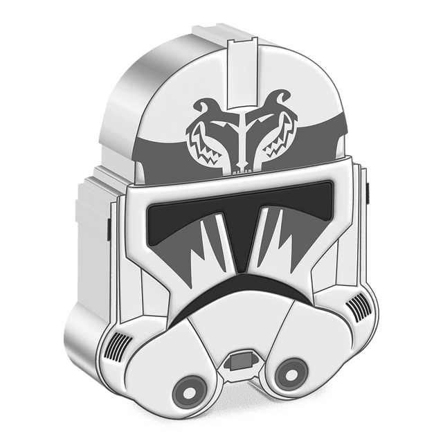The animated classic, Star Wars: Clone Wars™ turns 20! Shaped coin features the helmet of the 104th Battalion clone troopers, led by General Plo Kloon. The design features the unit’s distinctive black colour, crest, and relief for further effect. - New Zealand Mint
