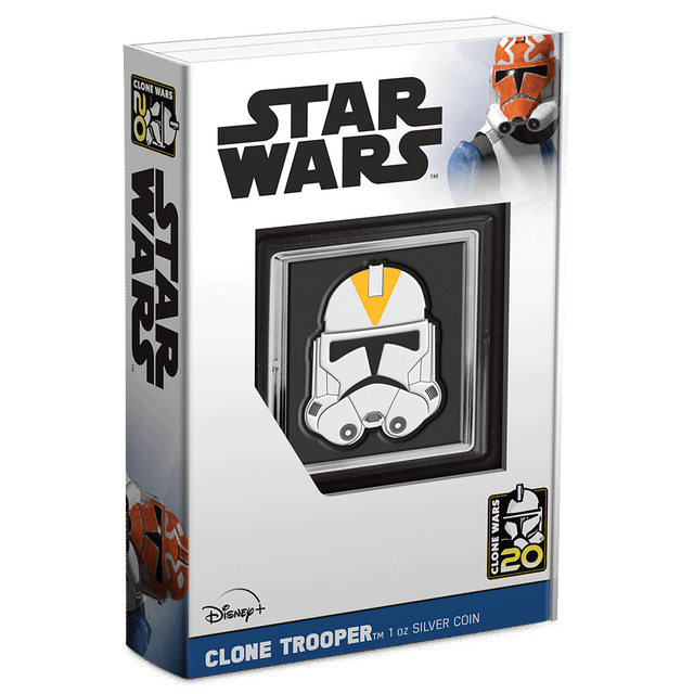 Star Wars™ Clone Wars 20th Anniversary – 212th Attack Battalion 1oz Silver Coin Featuring Custom Book-Style Packaging and Coin Specifications. 