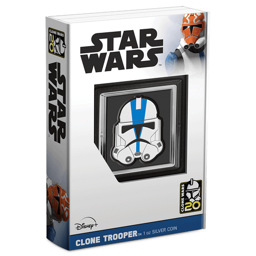 Star Wars™ Clone Wars 20th Anniversary – 501st Legion 1oz Silver Coin Featuring Custom Book-Style Packaging and Coin Specifications. 