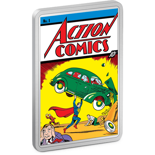 A sight to behold! Action Comics #1 comes to life in the form of a 2oz pure silver coin. Features a coloured image of the first issue of Action Comics from June 1938, featuring the first appearance of SUPERMAN™. Designed to mimic the comic book. - New Zealand Mint